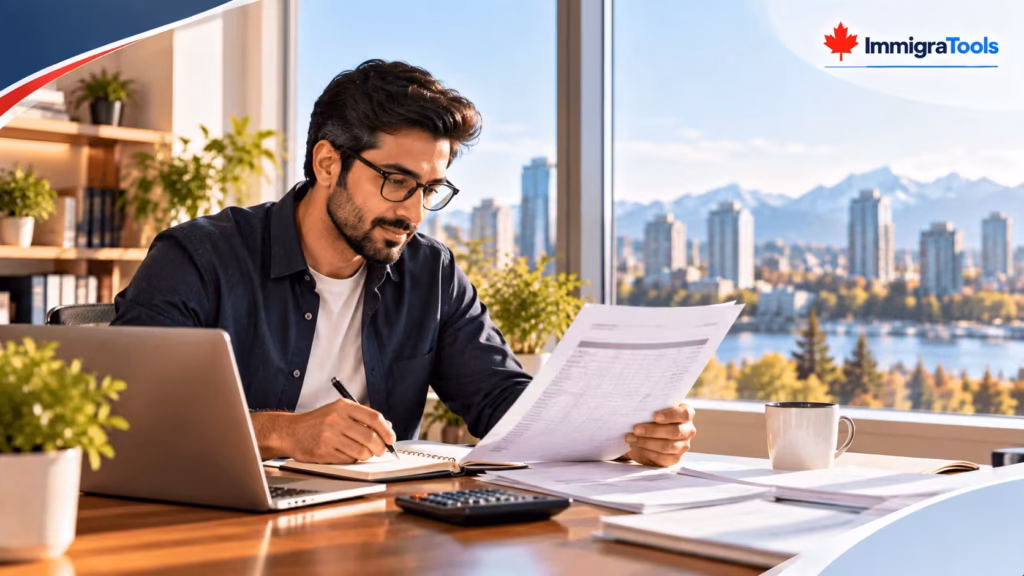 Professional reviewing work records and a calendar for Canadian Experience Class eligibility