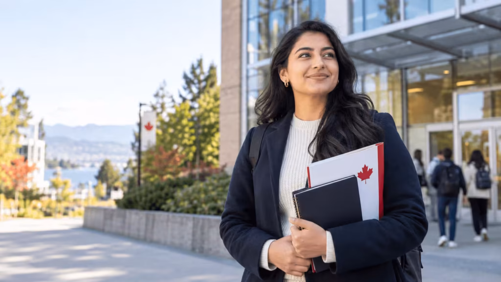 Worker holding course materials outside a Canadian training campus while studying on a work permit